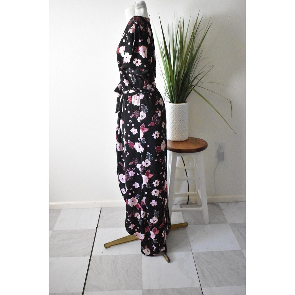 Candie's Floral Maxi Romper Women Size M Black Pink Modern Split Overlay Tie - Picture 5 of 10